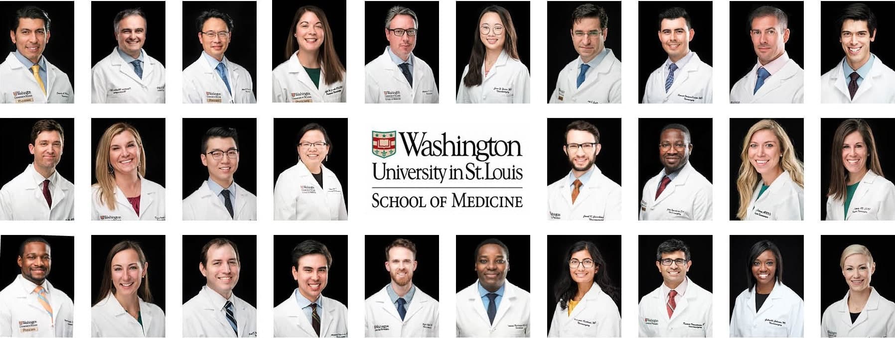 Twenty-eight Neurosurgery faculty and staff headshots in three rows around the Washington University in St. Louis School of Medicine logo, each person in a white coat against a black backdrop