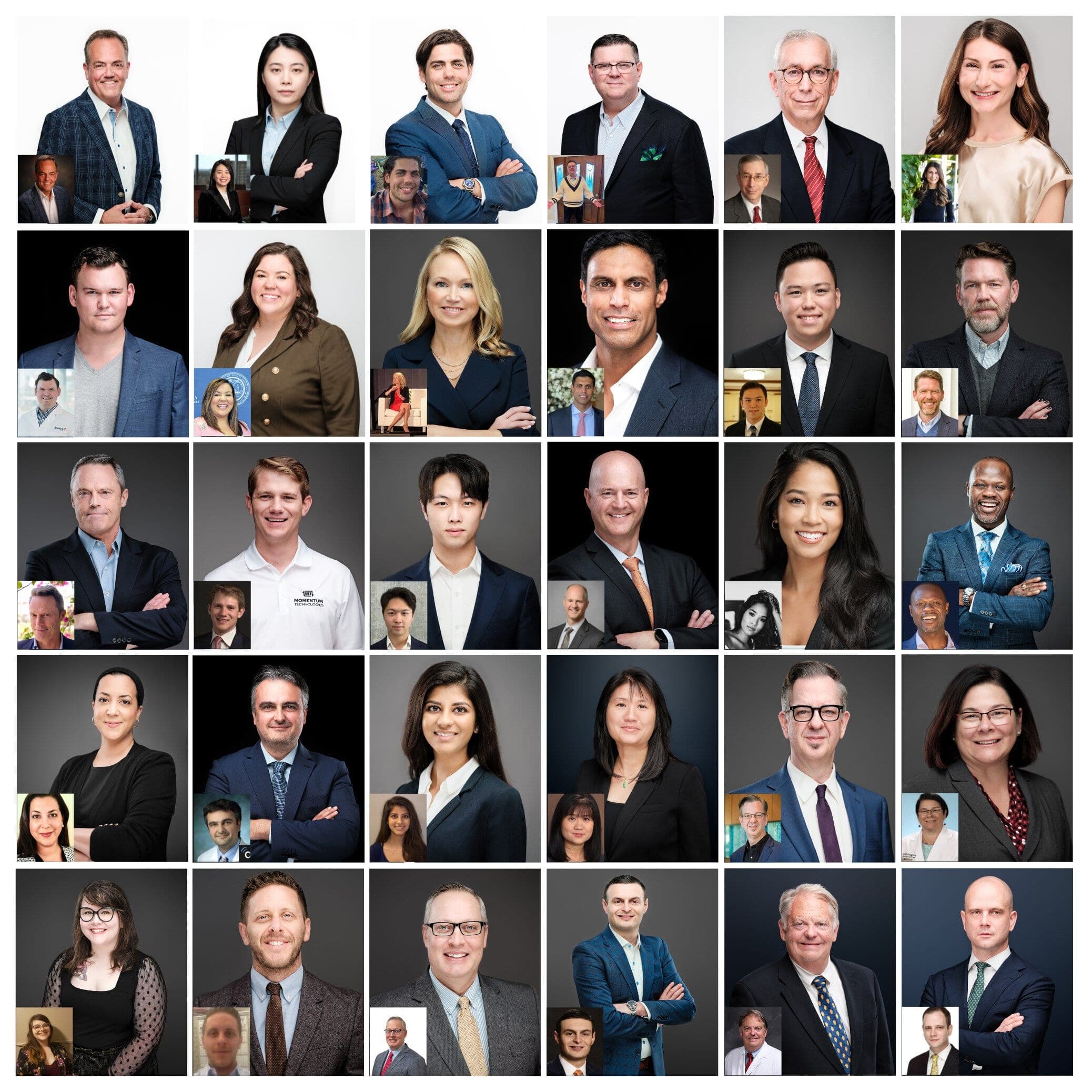 Twelve-person corporate headshot grid with men and women in business attire across consistent neutral backdrops, the kind of cohesion AI tools fail to deliver across a real team